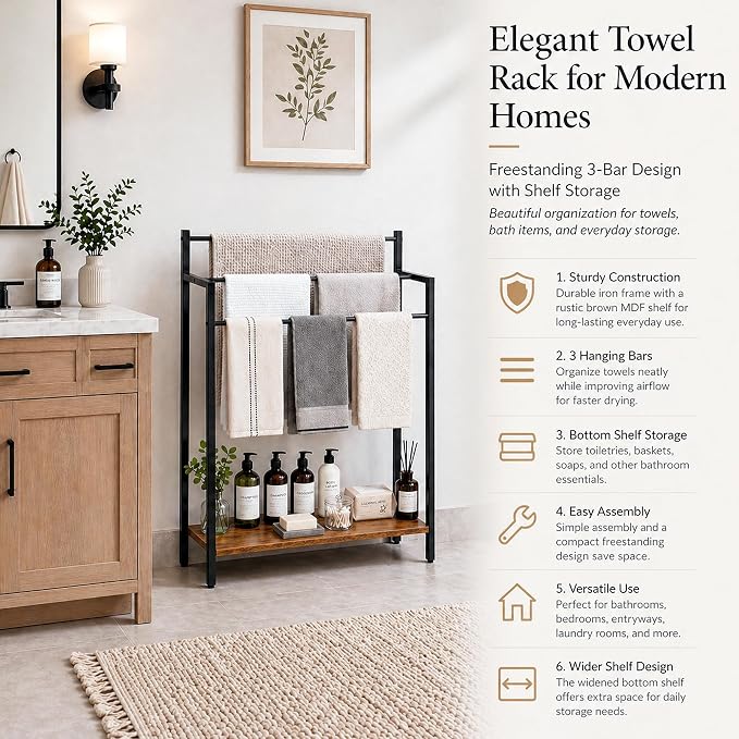 24.8" W Freestanding Towel Rack, 3 Tier Blanket Ladder Stand with Rustic Brown Wooden Shelf for Bathroom Living Room