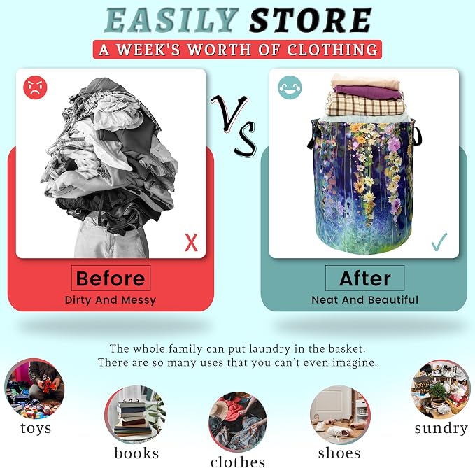 Beautiful Blue Green Floral Laundry Basket Foldable With Handles Tote Bag Oxford Cloth Colorful Laundry Hamper Clothes Storage Bucket Toy Organizer 18.9"x16.5" For Bathroom/Laundry/Bedroom