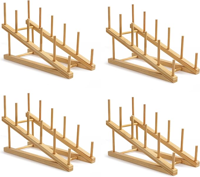 HBlife Bamboo Wooden Dish Drying Rack, 4 PCS Plate/Dish/Book/File/Bowl/Cup/Cutting Board/Pot Lid Organizer for Kitchen Counter, Office, Display Cabinet