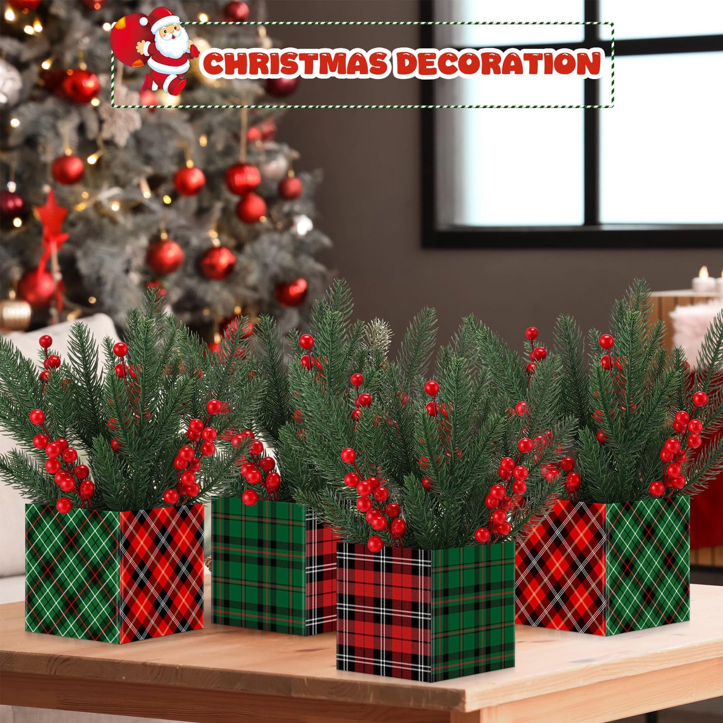 Zeyune 4 Set Christmas Centerpiece for Table Bulk, 4.7 Inch Xmas Centerpiece Decoration Ideal with Artificial Pine Branches and Red Berries Stems for Xmas Party Indoor Home Decor (Christmas Plaid)