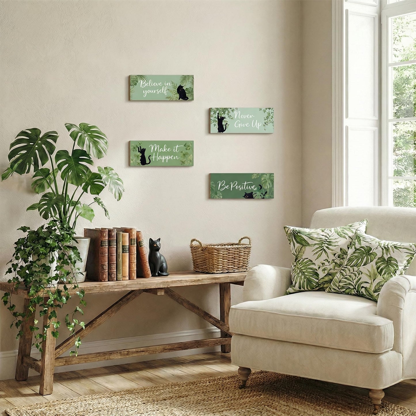 4Pcs Sage Green Office Decor for Women Inspirational Wooden Wall Decor for Office Home Sage Green Black Cat Wall Art Motivational Quotes Wooden Signs Set Positive Affirmations for Bedroom Work