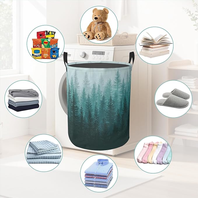 Green Misty Forest Round Laundry Hamper Storage Basket Toys Clothes Organizer Bin For Home Bathroom Bedroom Dorm Nursery