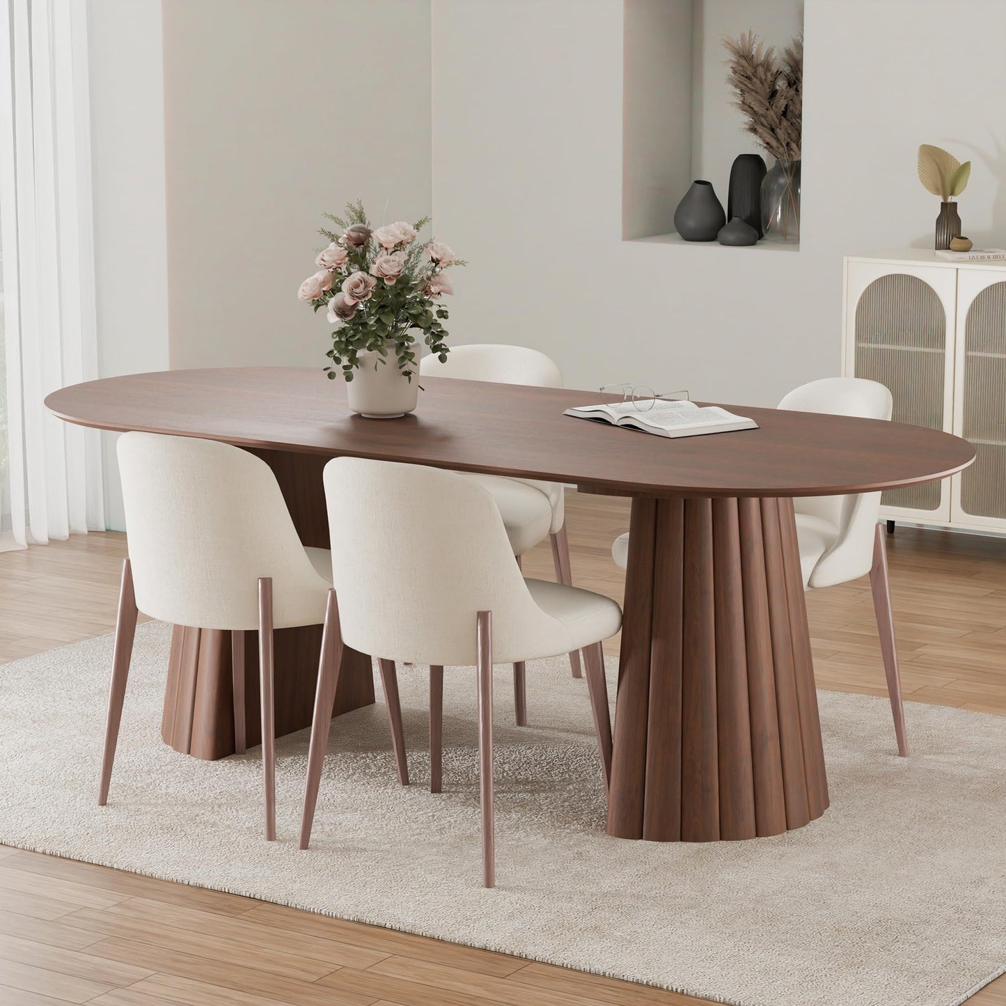 Casaphoria 79" Oval Dining Table, Modern Wood Kitchen Table with Cone Shaped Stripe Convex Base for Living Room & Dining Room, Easy Assembly Farmhouse Furniture for 6-8, Walnut