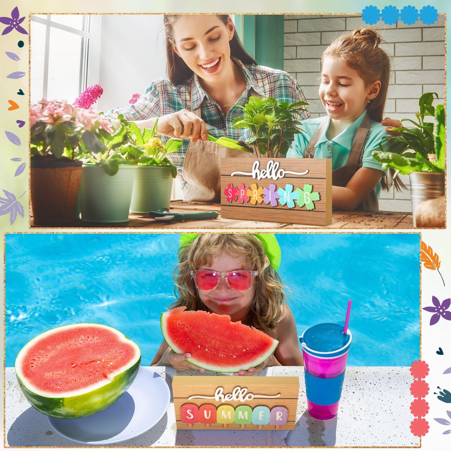Roowest 5 Pcs Hello Spring Interchangeable Sign Seasonal Sign Summer Fall Winter Tiered Tray Decor 5.9 x 3 Inch Wooden 4 Seasons Farmhouse Table Centerpiece Decoration for Home Shelf Office(Simple)