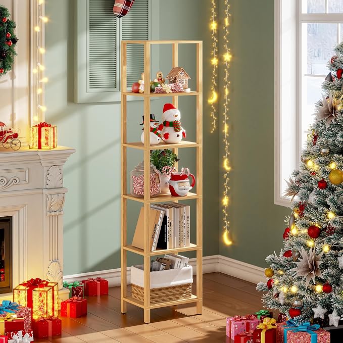 TUTOTAK Bookshelf, 6-Tier Tall Book Shelf, Narrow Bookcase for Small Space, DIY Stackable Bookshelf, for Living Room, Office, Study, Entryway, Industrial, Natural BS01BN006