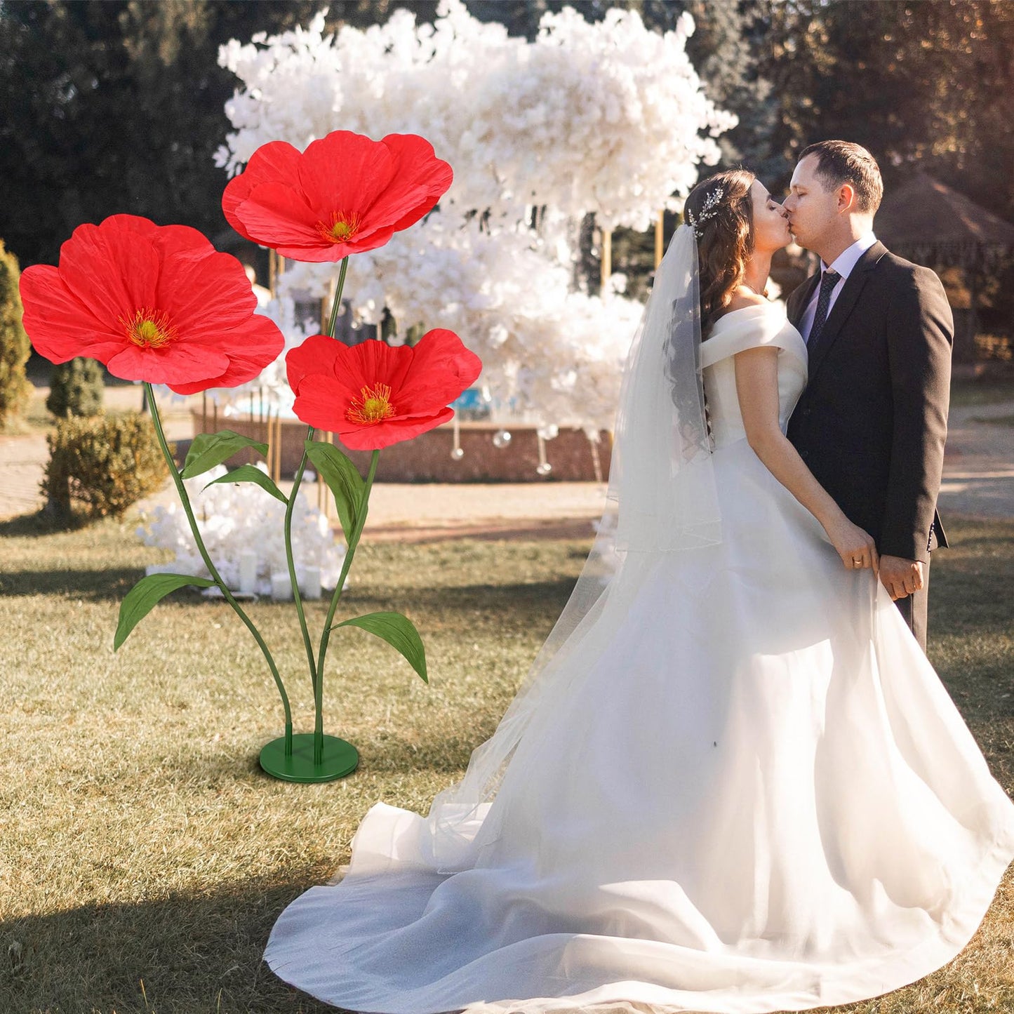 Rivvlive 6ft Red Giant Flowers for Decoration with Stand, Large Artificial Silk Poppy, Handcrafted Large Flower for Garden Wedding Party Photography Props Hotel Office Art Gallery Window Display