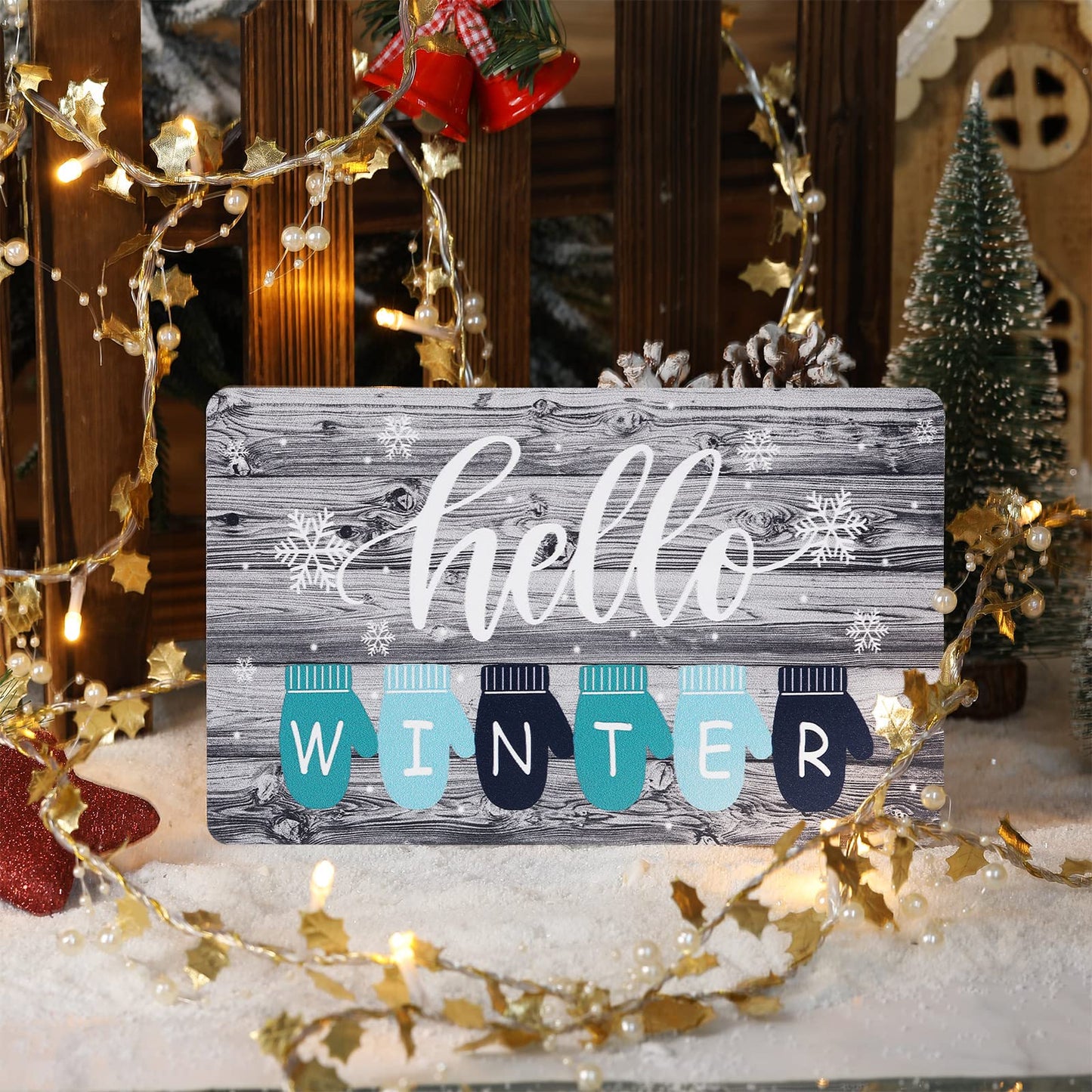 Yalikop Hello Winter Wood Sign for Home Farmhouse Decor 9 x 5.3 Inch Winter Table Centerpiece Freestanding Decor Wooden Cutout Decoration