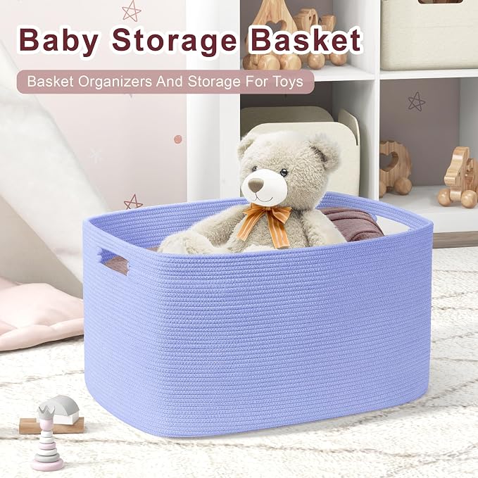45L Small Baby Girls Laundry Basket for Nursery Storage,Cute Woven cotton Rope Baskets for Kids Toy，Gifts, Boho Square Wicker Blanket hamper for Living Room,Bedroom Dirty Clothes,Blue Purple