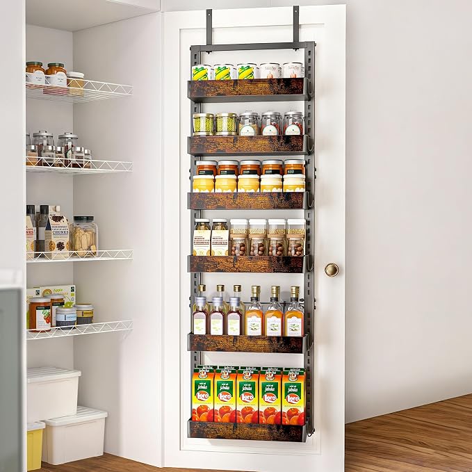 BUKFEN 6-Tier Over the Door Pantry Organizer, 2-in-1 Door Hanging or Wall Mounted Spice Rack with Adjustable Wooden Baskets, Heavy Duty Metal Storage Shelf, 12 Hooks for Kitchen, Bathroom, Closet