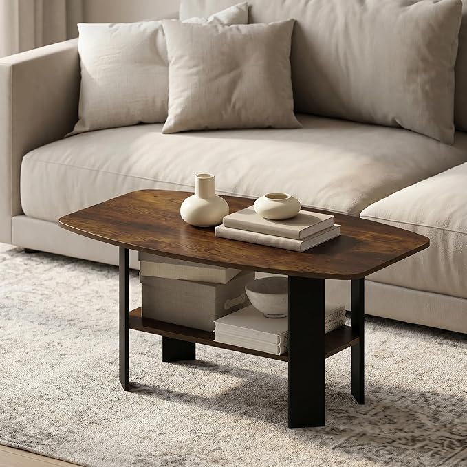 Furinno Simple Coffee Table, 2-Tier Small Coffee Table wih Open Shelf, Side Table, Tabletop with Soft Edges, for Living Room, Home Office, Amber Oak