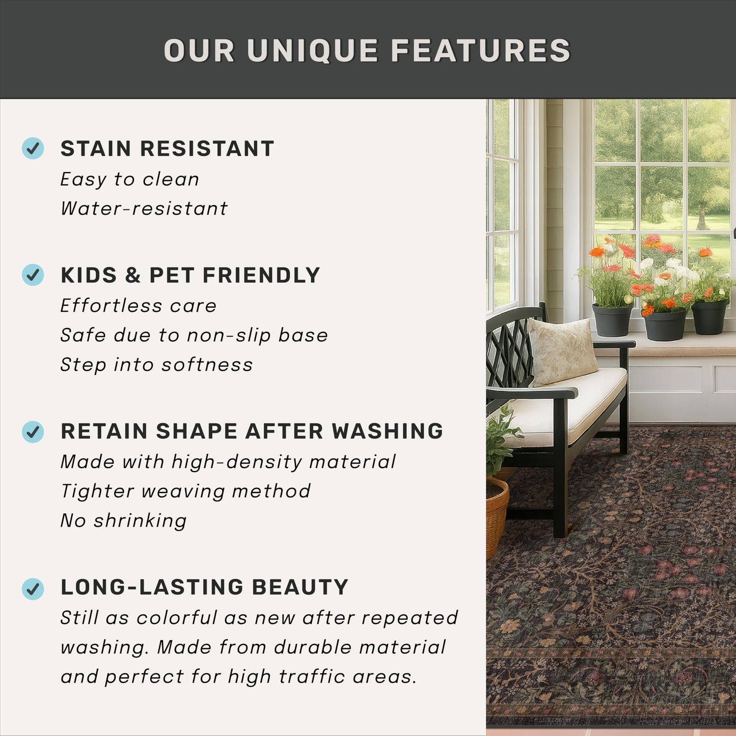 Washable Area Rugs 9x12 Living Room - Dark Brown Large Rug for Dining Room Under Table, Bedroom, Soft Low Pile Non-Slip Stain Resistant Carpet - Vintage Floral Plant Design