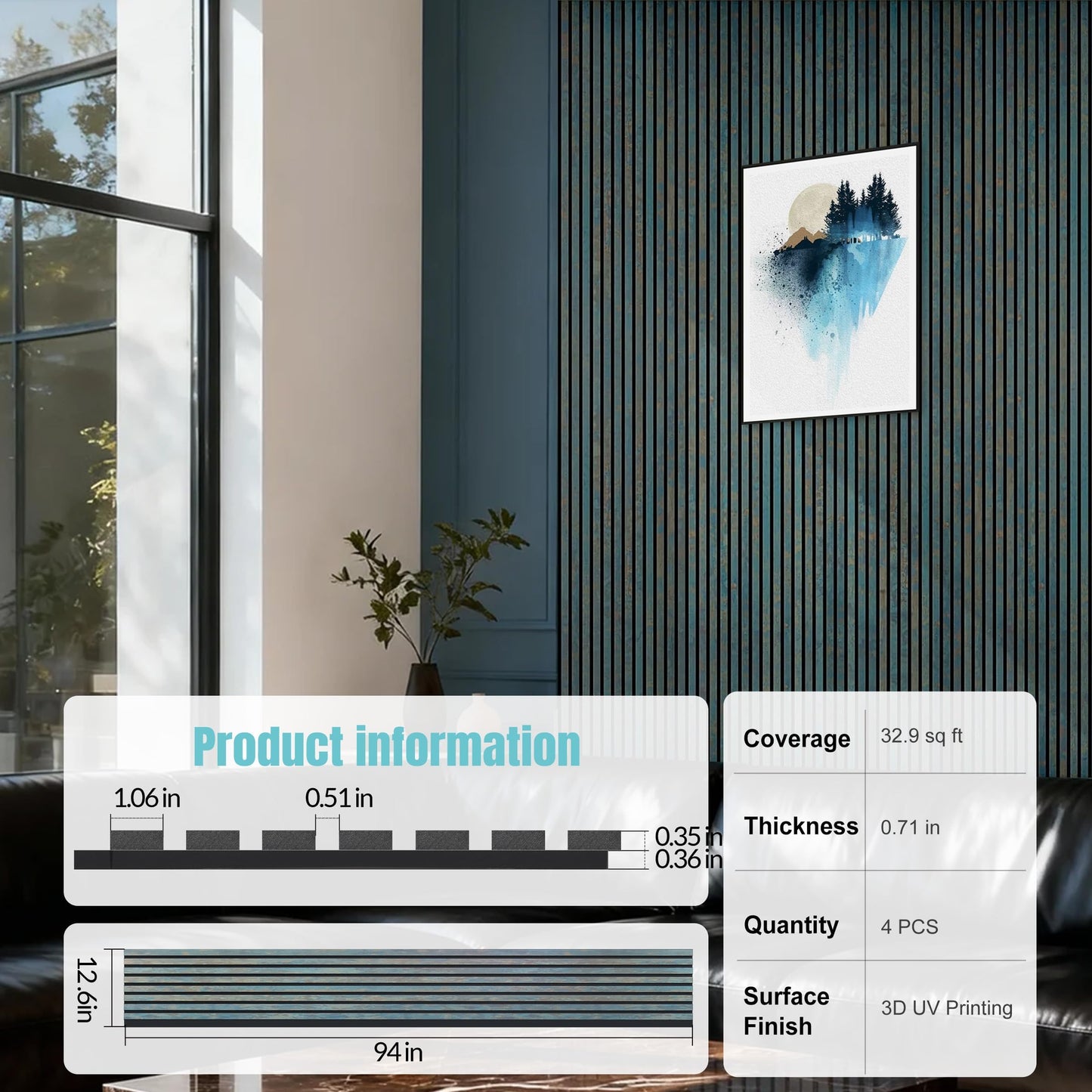 GreenClad Wood Slat Wall Panels for Interior Wall Decor, Acoustic MDF Wall Panels with PET Backing, Easy Install Wall Paneling for Living Room Bedroom Office, Antique Teal Blue Accent (94" x 12.6")