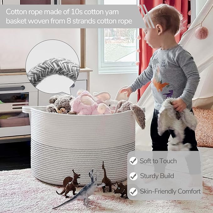 INDRESSME XXXLarge Cotton Rope Basket 21.7" x 21.7" x 13.8" Woven Baby Laundry Basket for Blankets Toys Storage Baskets with Handle Comforter Cushions Storage Bins Thread Laundry Hamper-Black Stitch