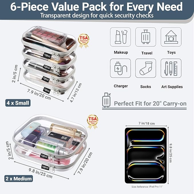 6 Pack Gray Clear Hard Shell Beauty Organizer (2M+4S), 1.2mm Heavy Duty Crush-Proof Cosmetic Case, Reinforced YKK Zippers, Stadium Approved Security Bag for Skincare & Electronics, Multi-Size Set