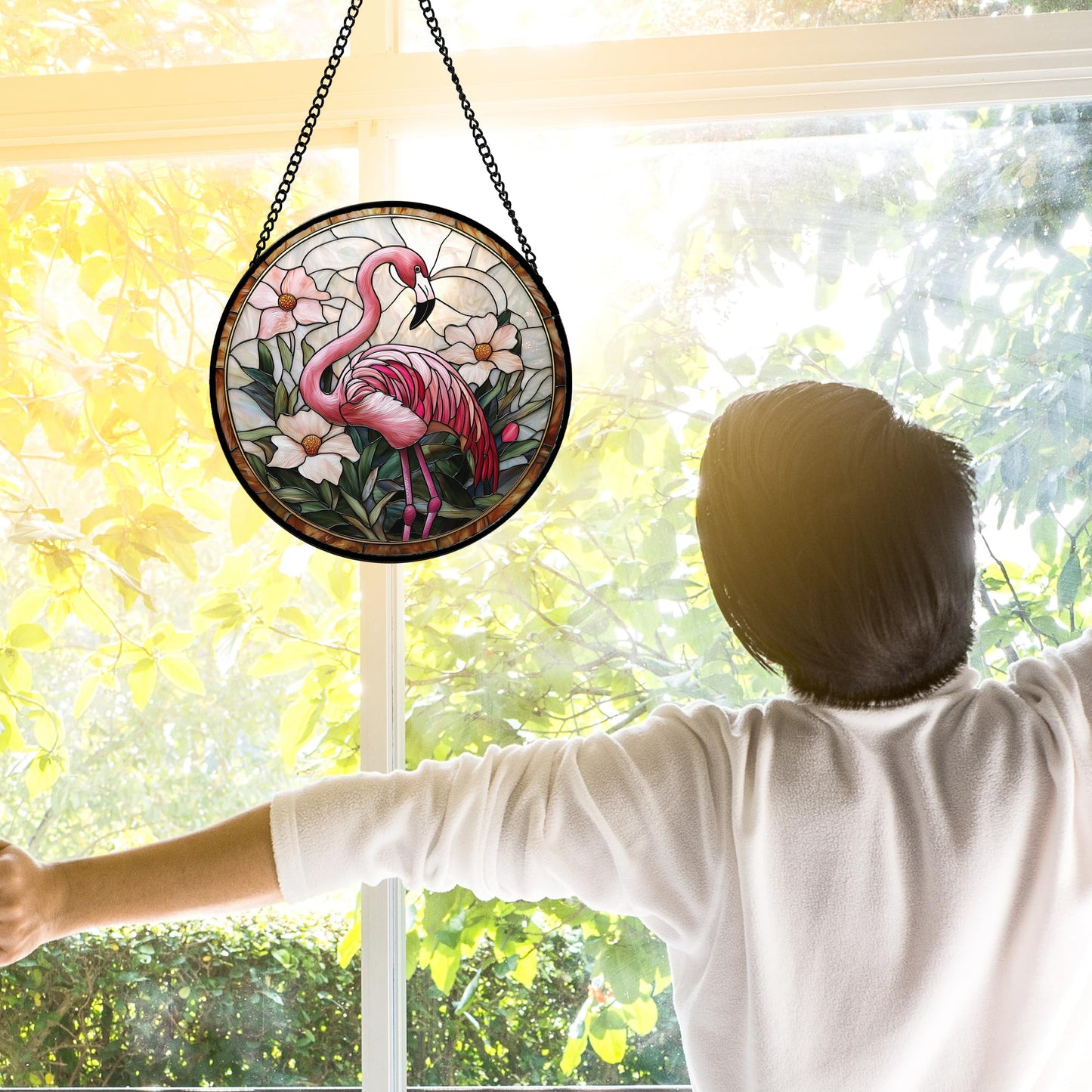 DASTOLL Stained Glass Window Hanging, Flamingo Flower Sun Catchers Diamond Glass Panel Hangings Pink Suncatcher Decor for Birthday for Women, Men, Wife, Aunt, and Mom 6.3 in