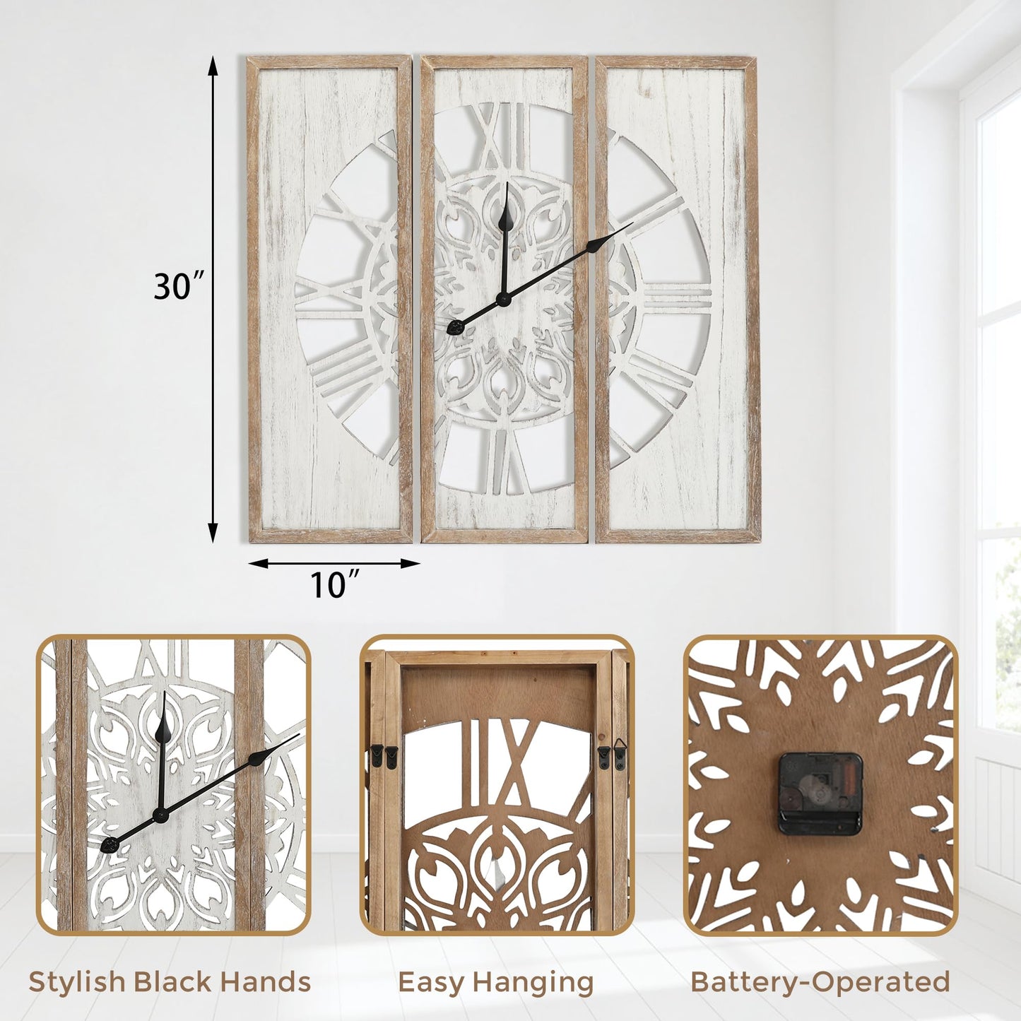 RiteSune Rustic Wooden Wall Clock, 30 inches, for Living Room, Bedroom, Dining Room, Kitchen, Entryway, Farmhouse