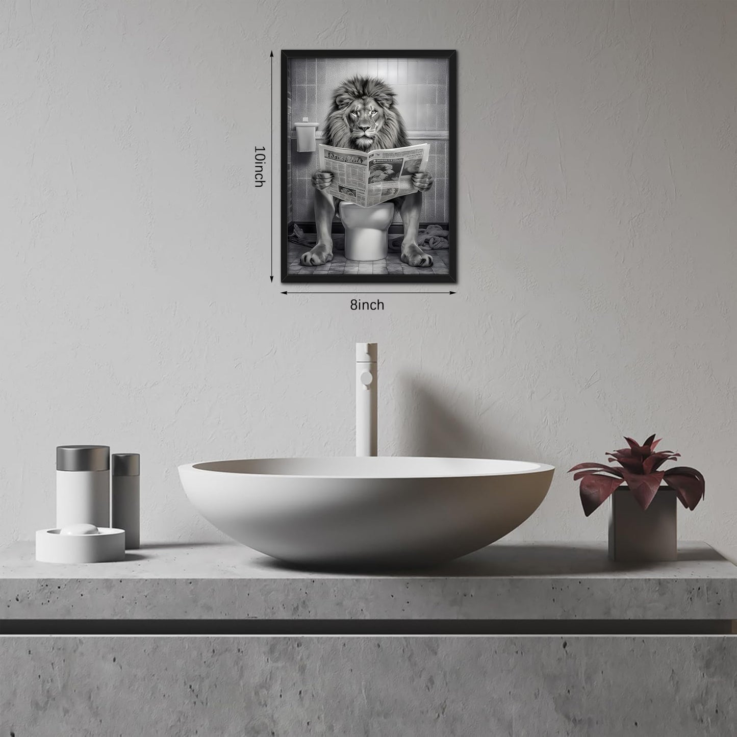 Funny Lion Bathroom Wall Art, Black and White Lion in Toilet Wall Decor, Humorous Animal Restroom Poster Canvas Painting Prints Artwork 8x10 inch Framed