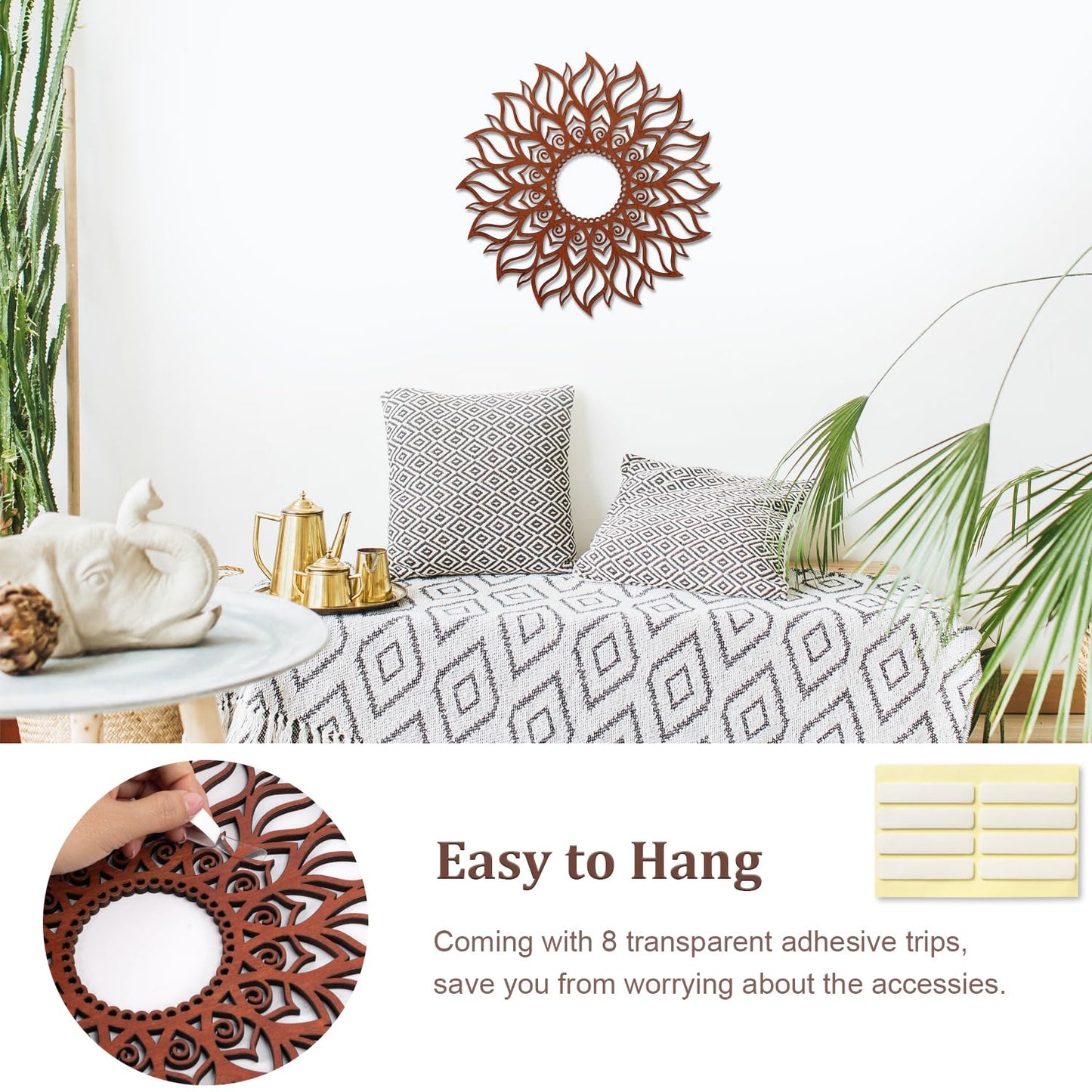 ADDMES 11.8 Inch Sun Wall Art Decor, Wooden Sun Wall Hanging Sculpture, Hollowed-out Mandala Hanging Sign for Indoor Outdoor Home Garden