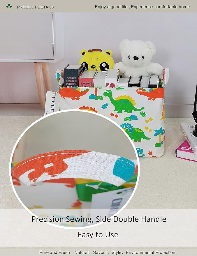 Rectangular Folding Laundry Basket, waterproof Canvas Basket,gift basket,Suitable for children's room,Office,Clothes,Toys Storage（Dinosaur Paradise）