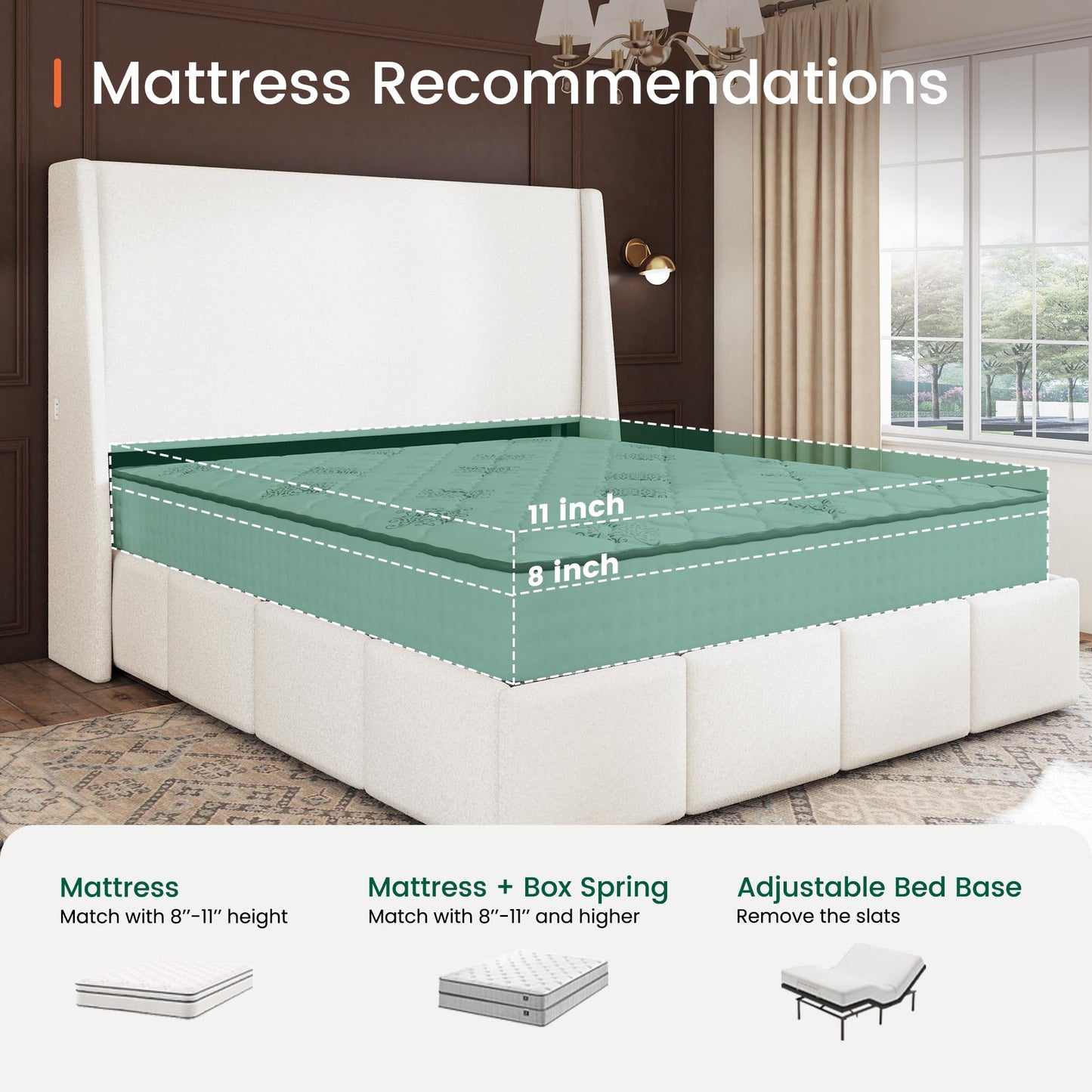 LARMACE King Size Bed Frame 54.2" Extra Tall Wingback Headboard, Lambswool Upholstered Platform Bed Frame with Legs Featuring Built-in Charging Ports, Wood Slats, No Box Spring Needed, White