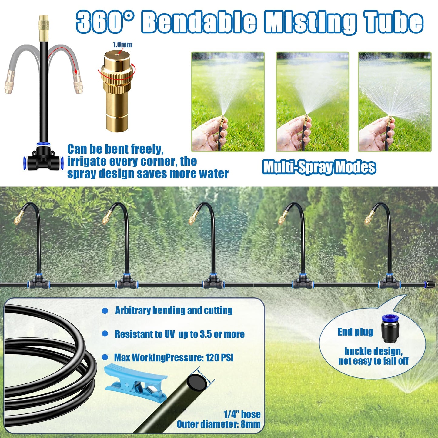 Dianrui Drip Irrigation System—50FT 1/4" Garden Watering System with 16pcs Copper Nozzles, 360° Curved Garden Automatic Irrigation System for Garden/Lawn/Greenhouse/Raised Beds/Outdoor Plants