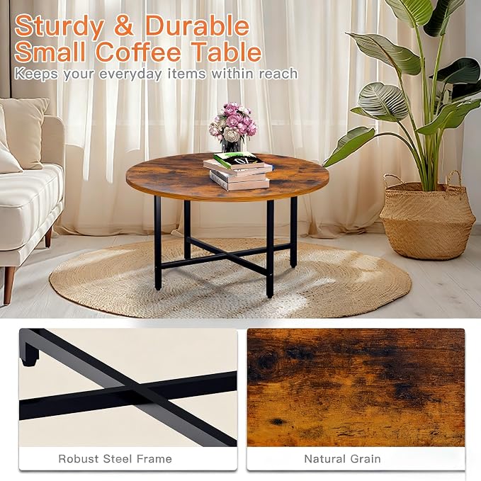 FAMIDGE Round Coffee Table, 23.6" Small Coffee Tables for Living Room, Circle Coffee Table with Metal Frame, Floor Table Desk for Sitting on The Floor, Home, Office, Rustic Brown