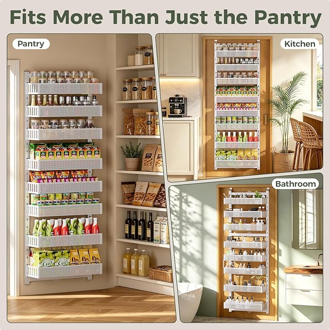 POKIPO 8-Tier Over the Door Pantry Organizer, 2 IN 1 Wall Mount or Hanging Spice Rack with Adjustable Raised Basket, Heavy Duty Back of Door Storage for Kitchen Bathroom Laundry Room