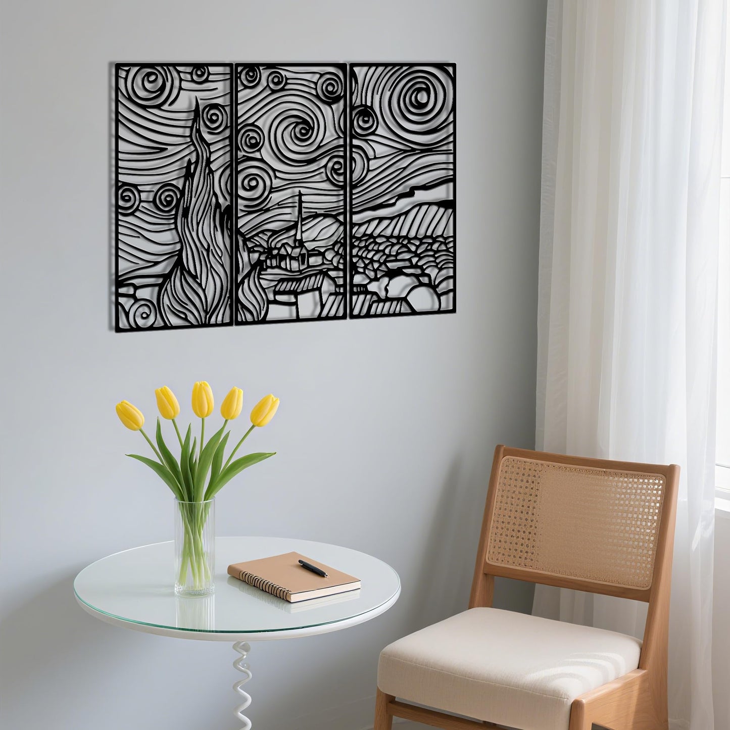 Slickss Starry Night Wall Art Metal,Black Van Gogh Wall Decor-Modern Laser Cut Steel Panel for Living Room, Office, Bedroom-Unique Industrial Home Artwork