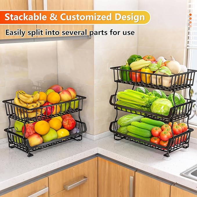 Gsiekare 3-Tier Rolling Pantry Organizer and Storage Cart with Wheels – Stackable Wire Snack Cart for Kitchen, Pantry Shelves and Storage Rack for Fruit, Vegetables, Onion, Potato (1 Pack)