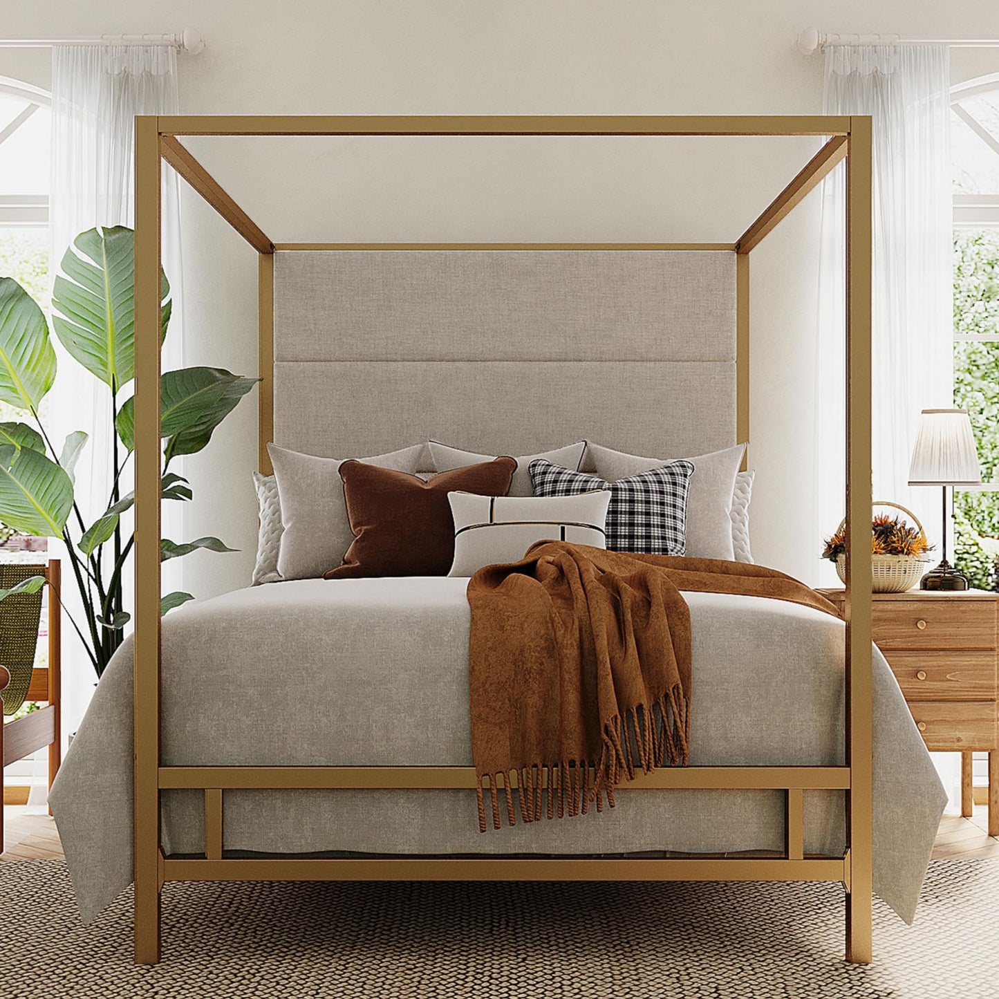 Merax Queen Size Gold Metal Canopy Bed Frame, Modern Upholstered Linen Headboard with Tall Back Support, 800 lbs Weight Capacity, Luxurious 4-Poster Bedroom Furniture for Modern Home, Gold+Tan