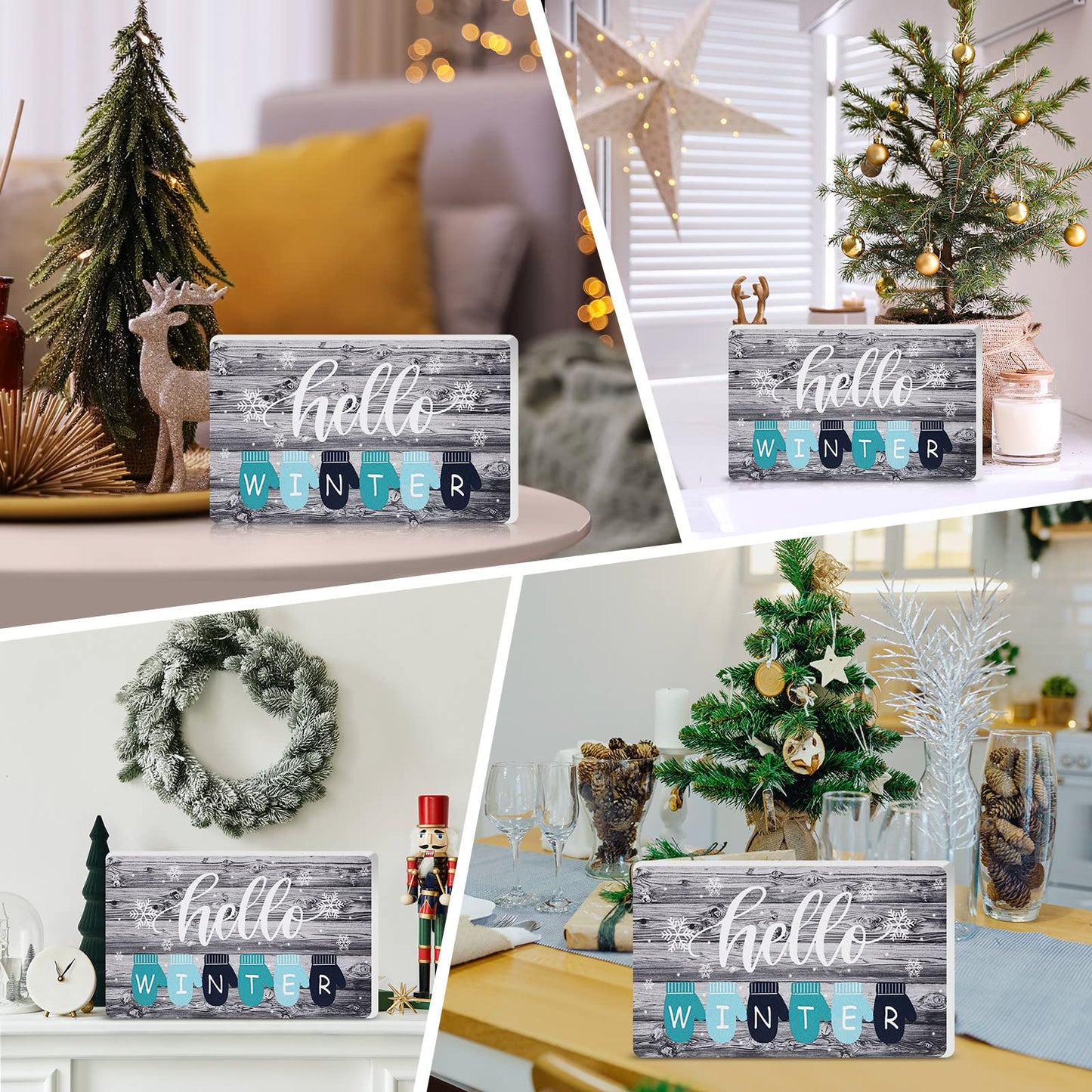 Yalikop Hello Winter Wood Sign for Home Farmhouse Decor 9 x 5.3 Inch Winter Table Centerpiece Freestanding Decor Wooden Cutout Decoration