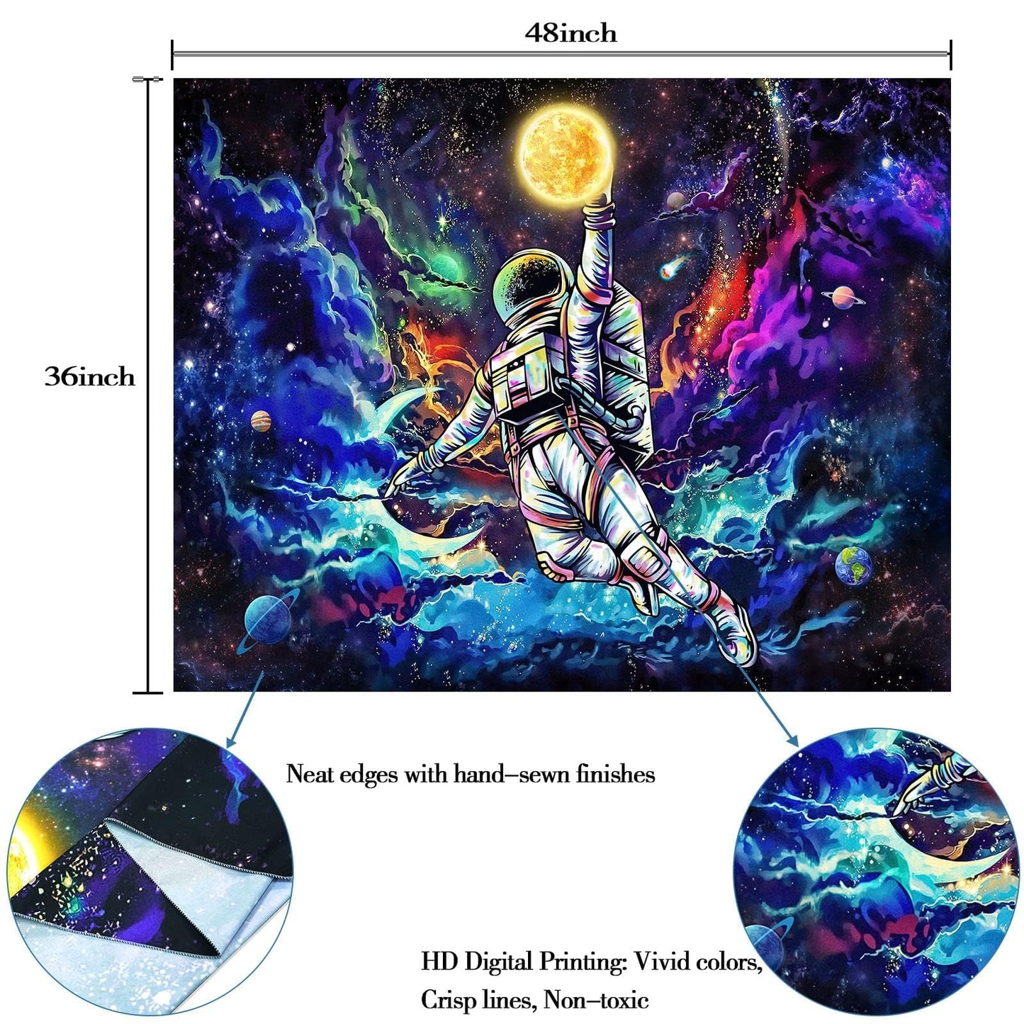 kampdream Blacklight Astronaut Space Tapestry, UV Reactive Galaxy Universe Planet Glow in Dark Tapestries for Men, Boys and Teens Cool Poster 36×48 inch