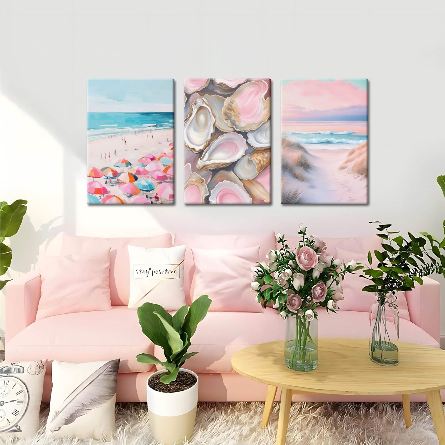Preppy Coastal Canvas Wall Art Set of 3, Trendy Pink Beach Wall Decor Paintings, Summer Beachy Shells Oyster Aesthetic Posters Prints Pictures for Girls Room Dorm Bathroom Bedroom 12x16 Inch Framed