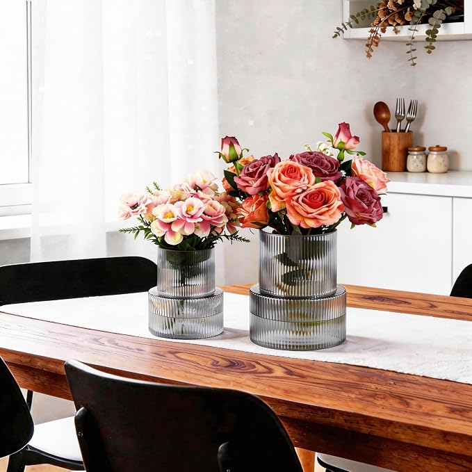 Ribbed Glass Vases for Bouquet, Set of 2 Black Vases for Flowers, Black Glass Vase for Tulips, Modern Vase for Living Room, Office, Coffe Table, Dining Table, Shelf, Wedding