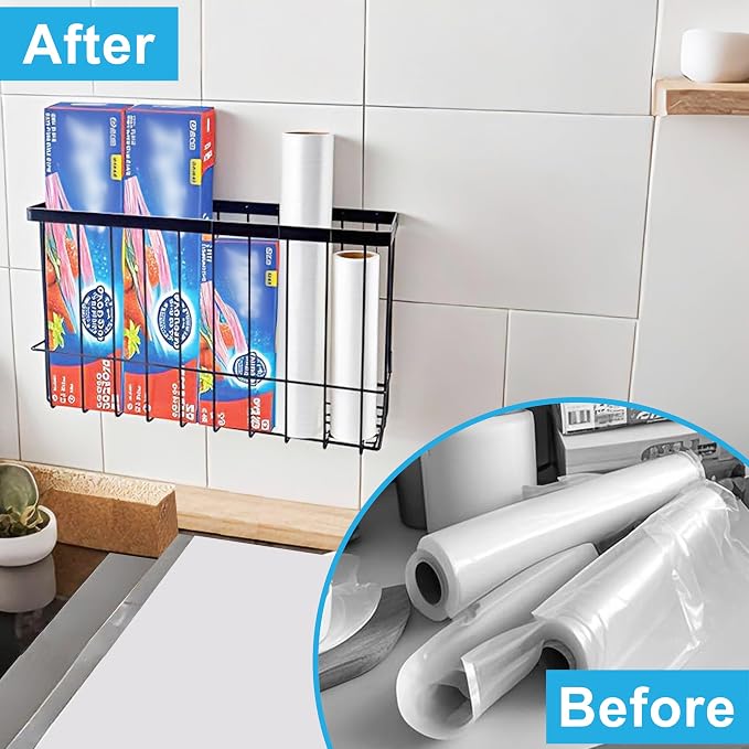 Wall Organizer Baskets, Lid Organizers Inside Cabinet with 2 Caddy Adhesive, Cabinet Door Organizer with 2 Sponges, 4 Hooks, Cabinet Door Storage for Foil Aluminum Roll, Black, 2 Pack (Small, Medium)