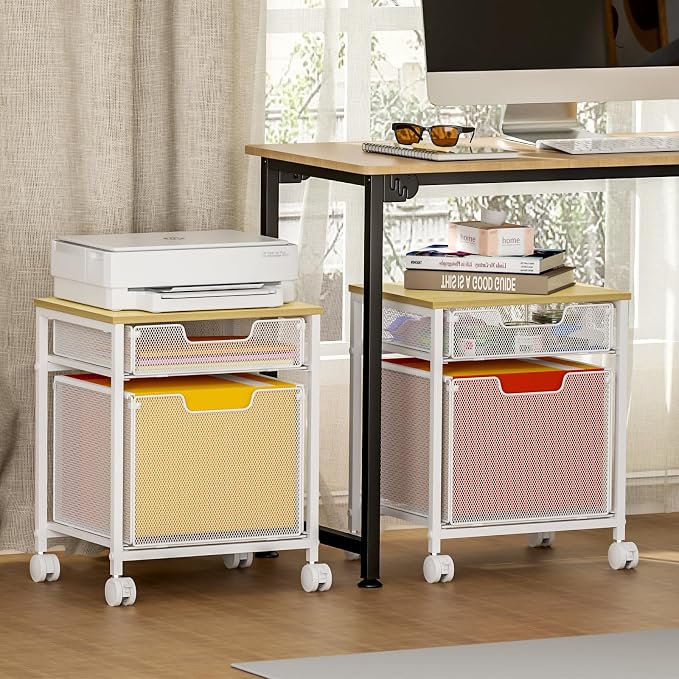 Tiaoheka Rolling File Cabinet Cart, Printer Stand with Storage Drawer, Mobile Filing Cabinet on Lockable Wheel, Hanging File Folder Organizer Beside Under Desk for Office Home, White (Patent Pending)