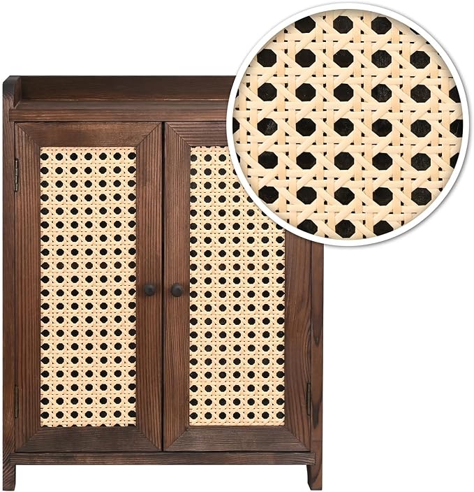 Ikee Design Wooden Countertop Storage Cabinet with Magnetic Rattan Doors, Kitchen Pantry Cabinet with Removable Shelves, Coffee, Snack, Cup Organizer, Dark Brown Color, 12.1W x 6.1D x 15.7H in