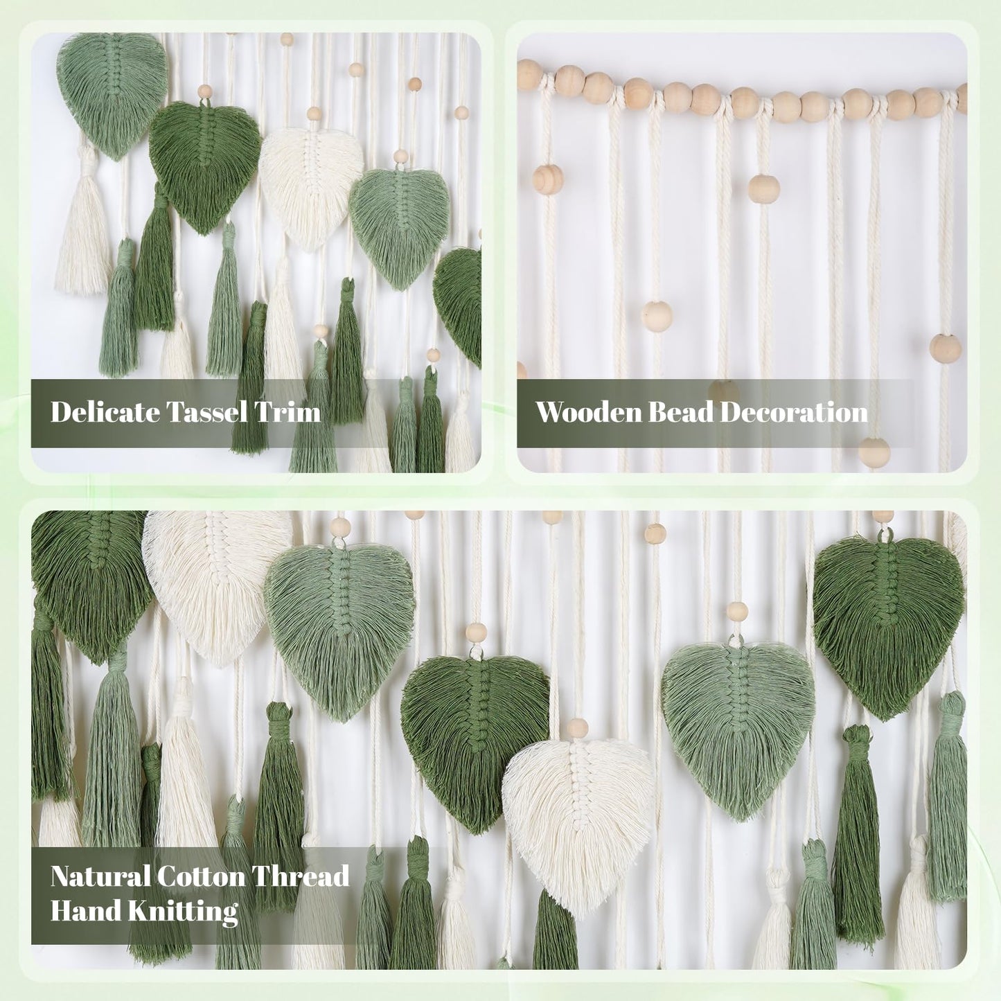 Large Macrame Wall Hanging Tapestry with Wood Bead and Leaf Wall Decor for Bedroom Living Room Nursery Apartment, Room Boho Style Decor Tapestry, 43.3" W X 25.9" L Green Tapestry