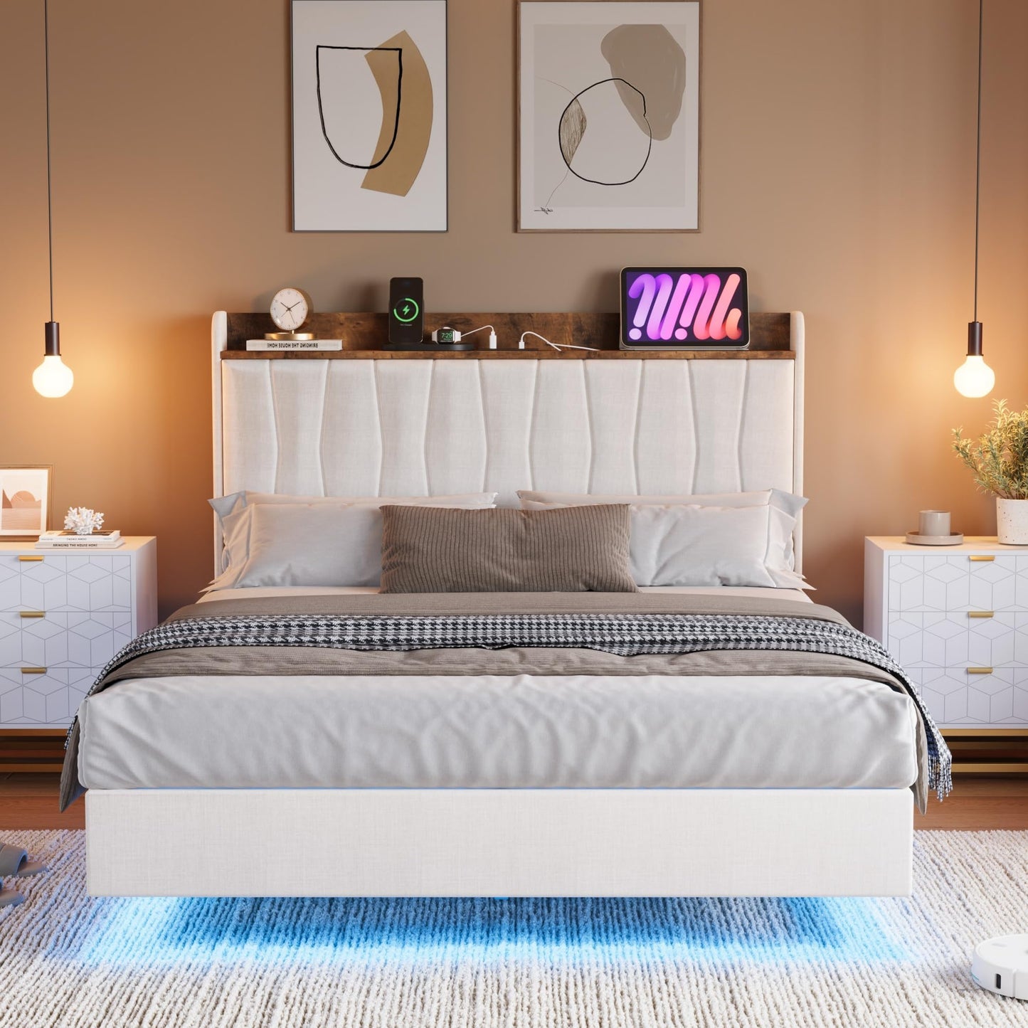 GarveeHome Floating Bed Frame King with LED Lights & USB Charging Station – Modern Upholstered Platform Bed with Headboard, Solid Wood Slats Support, No Box Spring, Easy Assembly, Noise-Free, White
