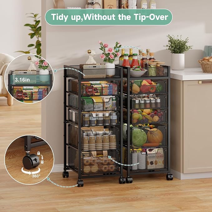 keomaisyto 6-Tier Kitchen Storage Cart with Top Basket & Drawers, Utility Fruit Vegetable Storage Rack on Lockable Wheels, Metal Rolling Snack Cart, Kitchen Organization for Potatoe Onion Can Spice