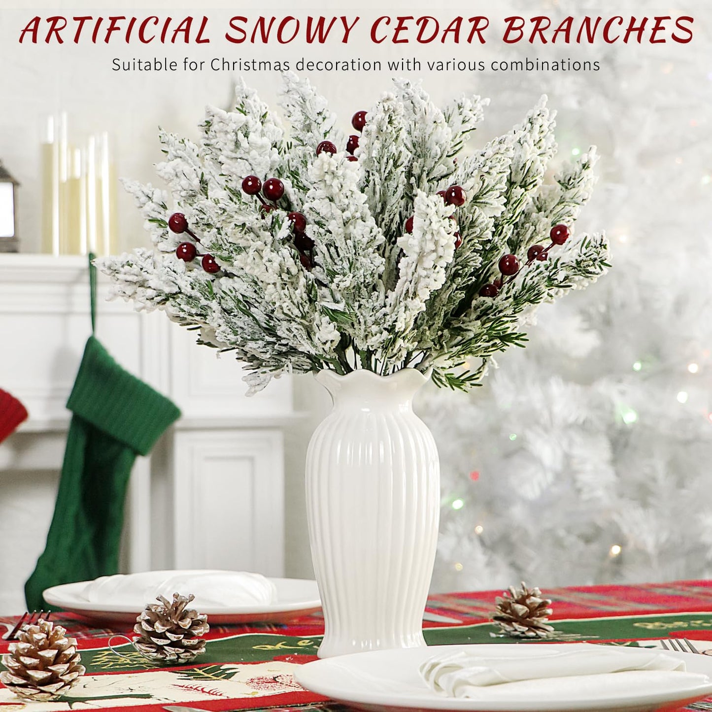24 Pcs Christmas Snowy Artificial Pine Branches,10.5" Faux Frosted Evergreen Norfolk Pine Sprigs Cypress Leaves Fake Foliage Greenery Picks for Xmas Wreath Making DIY Crafts Decor (24, Snow White)