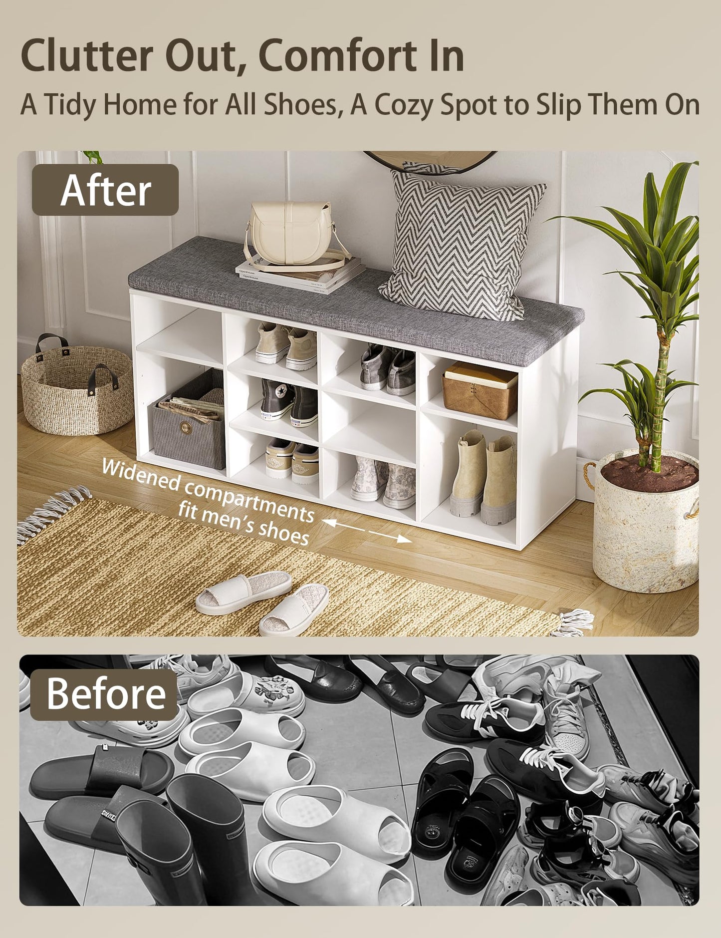 DINZI LVJ Shoe Storage Bench with Cushion, Cubby Shoe Rack with 12 Cubbies, Adjustable Shelves, Multifunctional Shoe Organizer Bench for Entryway, Mudroom, Hallway, Closet and Garage, White