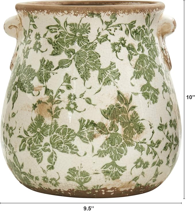 Nearly Natural 10in Ceramic Decorative Vase, Tuscan Style Green Scroll Design for Indoor Home Shelf Table Decor