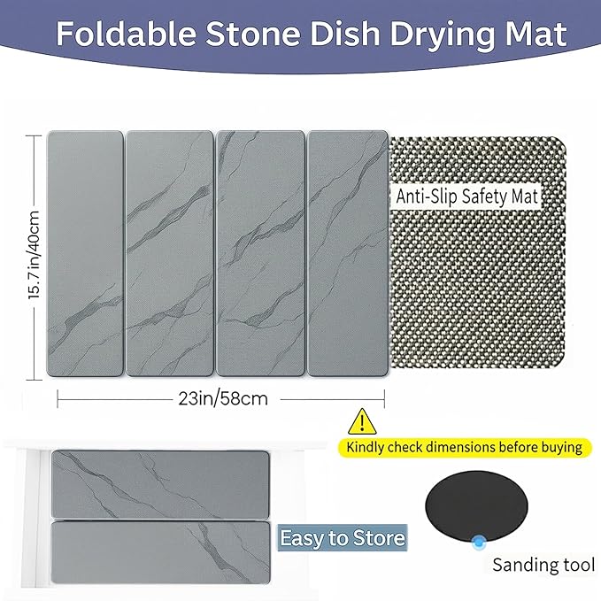 Stone Drying Mat for Kitchen Counter,24"×16" Diatomaceous Earth Dish Drying Mat, Absorbent Drying Stone Mat for Modern Kitchen Countertop (Light Gray, Large)