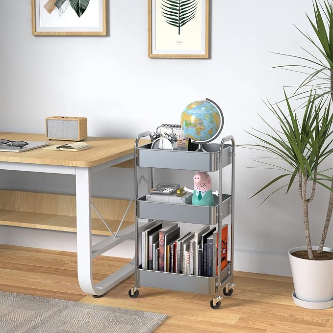 MAX Houser 3-Tier Rolling Utility Cart with Caster Wheels,Easy Assembly, for Kitchen, Bathroom (Silvery-Grey)