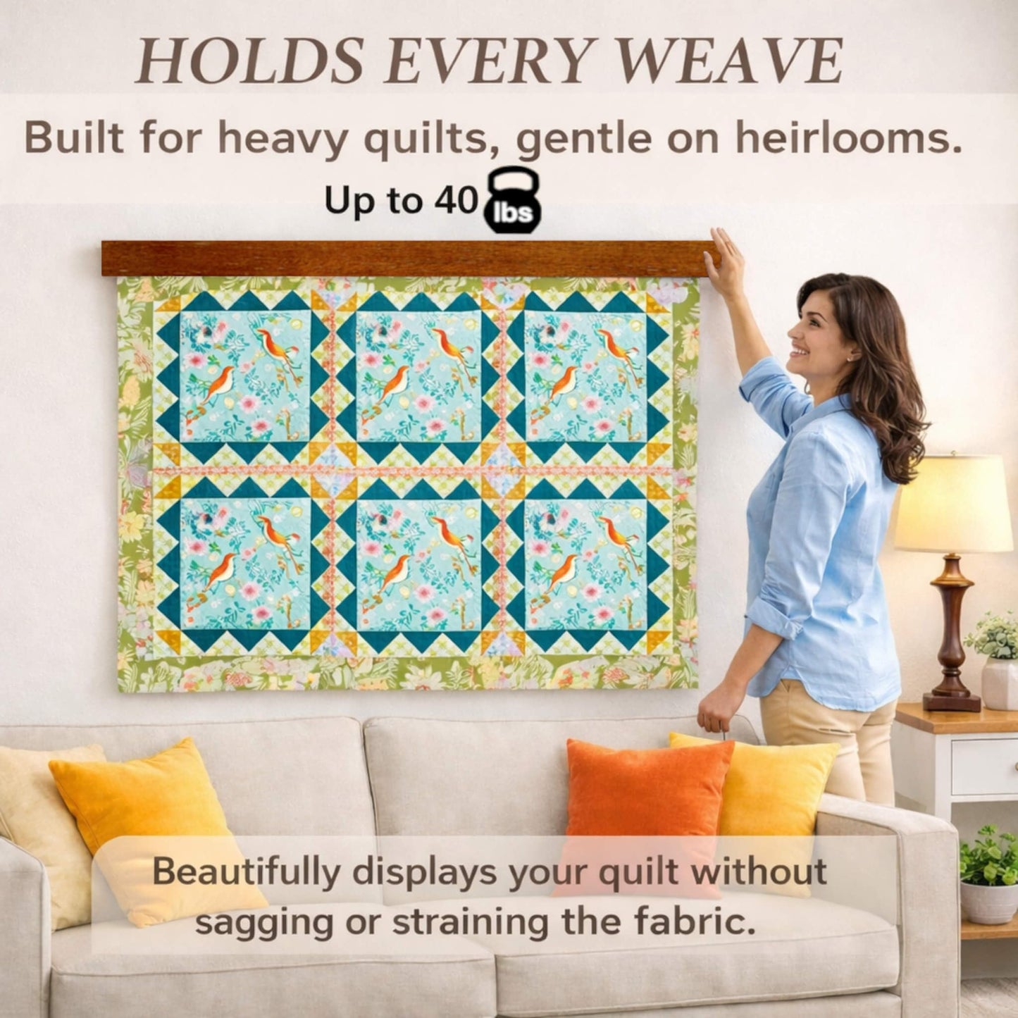 Dacri Home Quilt Hanger for Wall Display - 60 Inch Tapestry Hanger from Premium Teak Wood - Safe Mount Quilt Rack for Heavy Rugs, Tapestries, and Other Wall Hangings (60", Light Wallnut Stain)