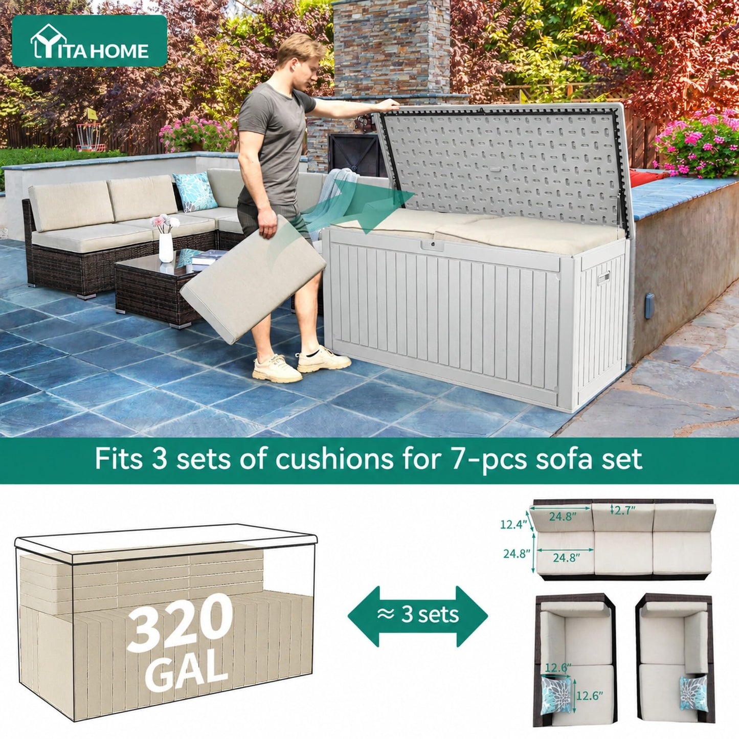 YITAHOME 320 Gallon Extra Large Deck Box, Double-Wall Resin Outdoor Storage Box with Flexible Divider for Patio Cushions Pool Supplies Garden Tools, 1000lbs Load Capacity, Lockable&Waterproof (White)