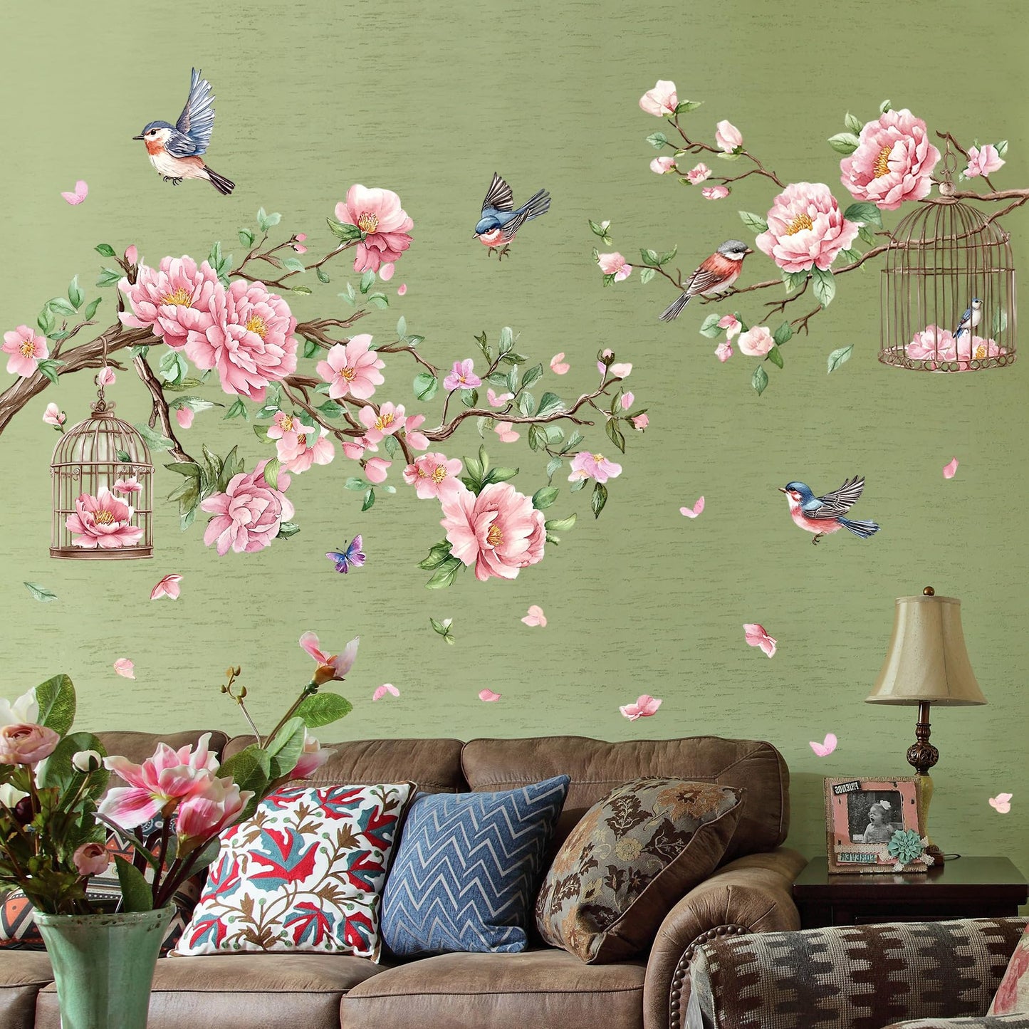 Removable Large Flowers with Tree Branches Wall Stickers – DIY Peony Floral Birds Wall Decals, Peel and Stick Leaves & Birdcage Wall Decor for Kids Girls Bedroom, Nursery, Living Room, Classroom