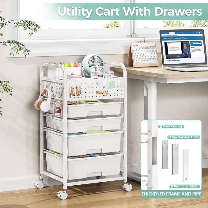 SYKIARIOL 4 Drawer Rolling Storage Cart with Pegboard Top and Hooks, Mobile Organizer Cart with Wheels for Office Supplies, Craft Storage, Classroom Organization, Home Utility Cart, White
