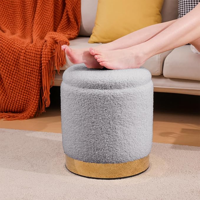 YYW HOME Sherpa Round Ottoman Set of 2 with Storage, 12 Gallon Hidden Storage Ottoman, Multi-Functional Footrest Stool, Vanity Seat, Coffee Table, No Assembly Required, Holds 300lbs (Gray)